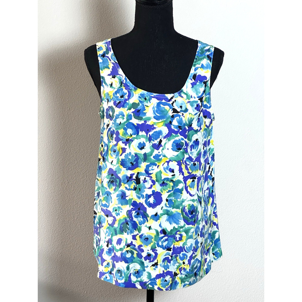 American First Issue Design Women's 100% Silk Top Blue Green Yellow Size M